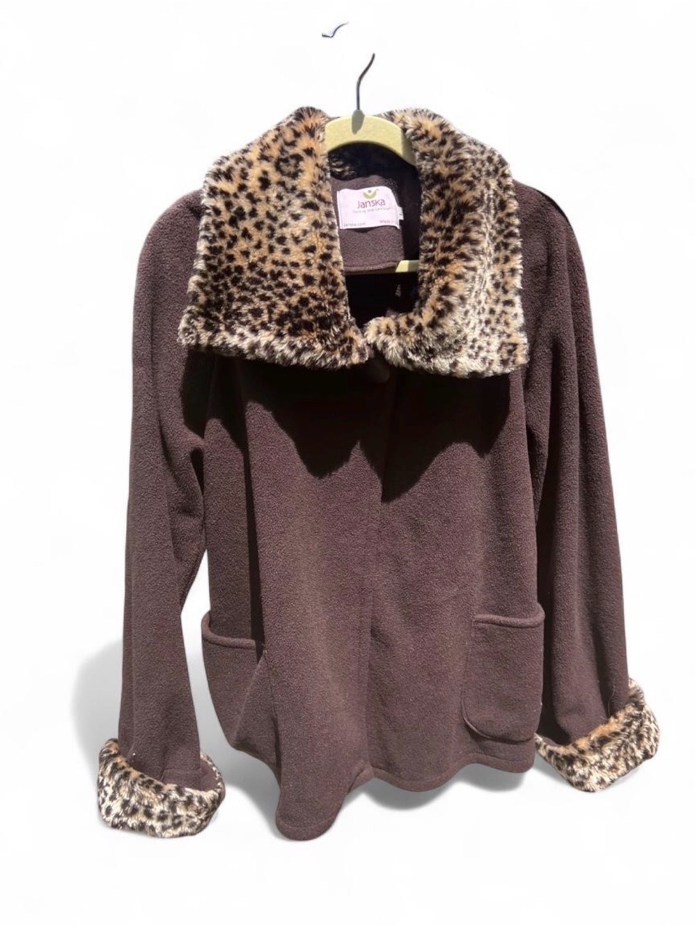 Jordana Brown Fleece Jacket with Leopard Faux-Fur Trim